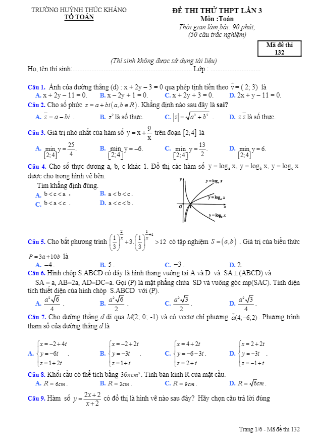 đề thi thử toán thptqg 2018 trường huỳnh thúc kháng – khánh hòa lần 3