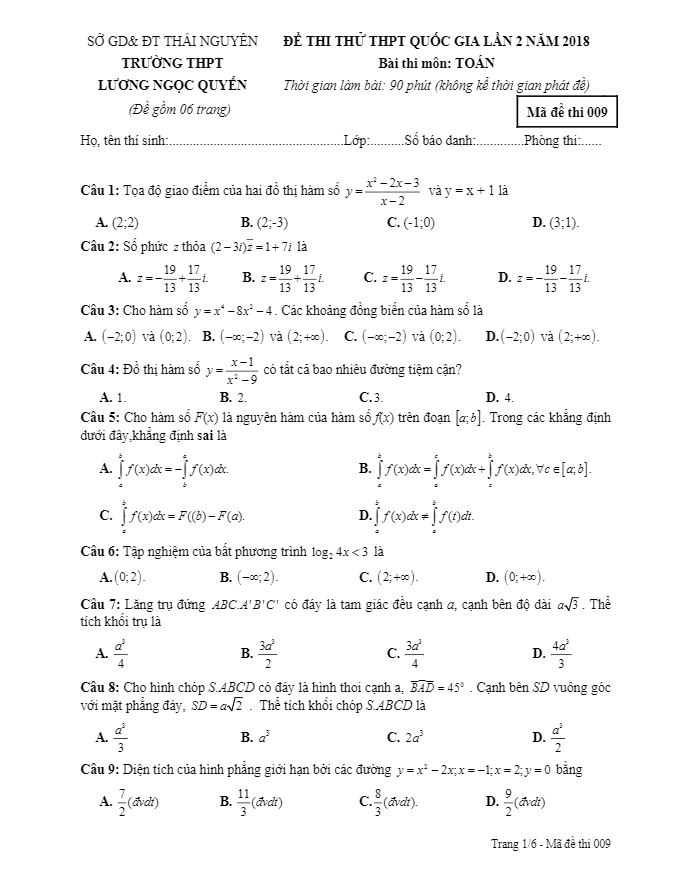 đề thi thử toán thptqg 2018 trường lương ngọc quyến – thái nguyên lần 2
