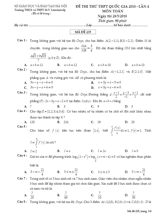 đề thi thử toán thptqg 2018 trường thcs&thpt m.v lômônôxốp – hà nội lần 4