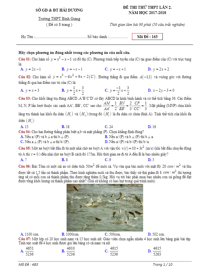 đề thi thử toán thptqg 2018 trường thpt bình giang – hải dương lần 2