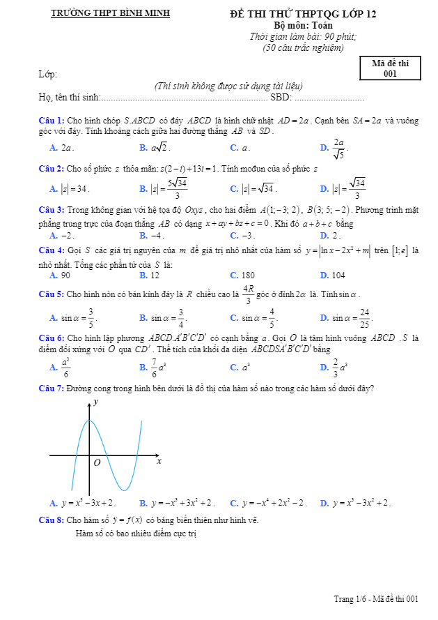đề thi thử toán thptqg 2018 trường thpt bình minh – ninh bình lần 4