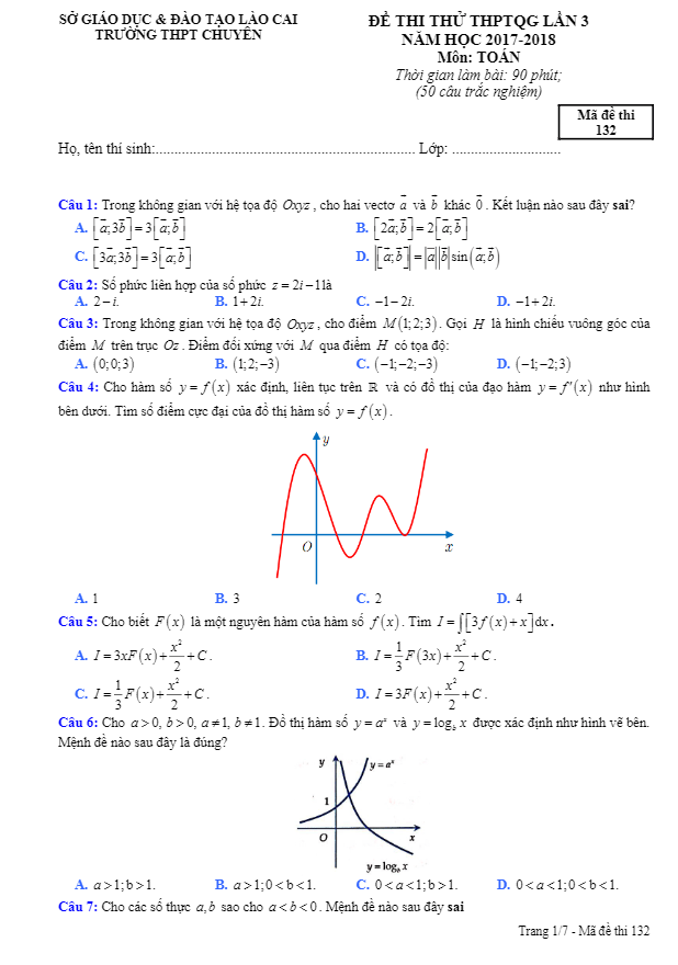 đề thi thử toán thptqg 2018 trường thpt chuyên lào cai lần 3