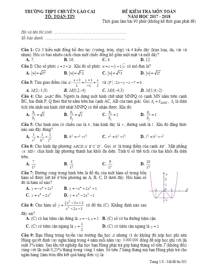 đề thi thử toán thptqg 2018 trường thpt chuyên lào cai