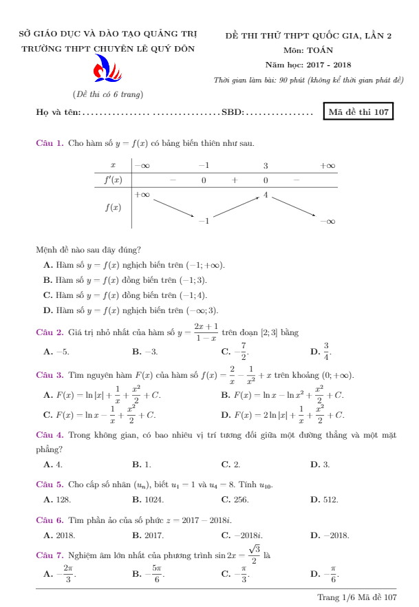đề thi thử toán thptqg 2018 trường thpt chuyên lê quý đôn – quảng trị lần 2