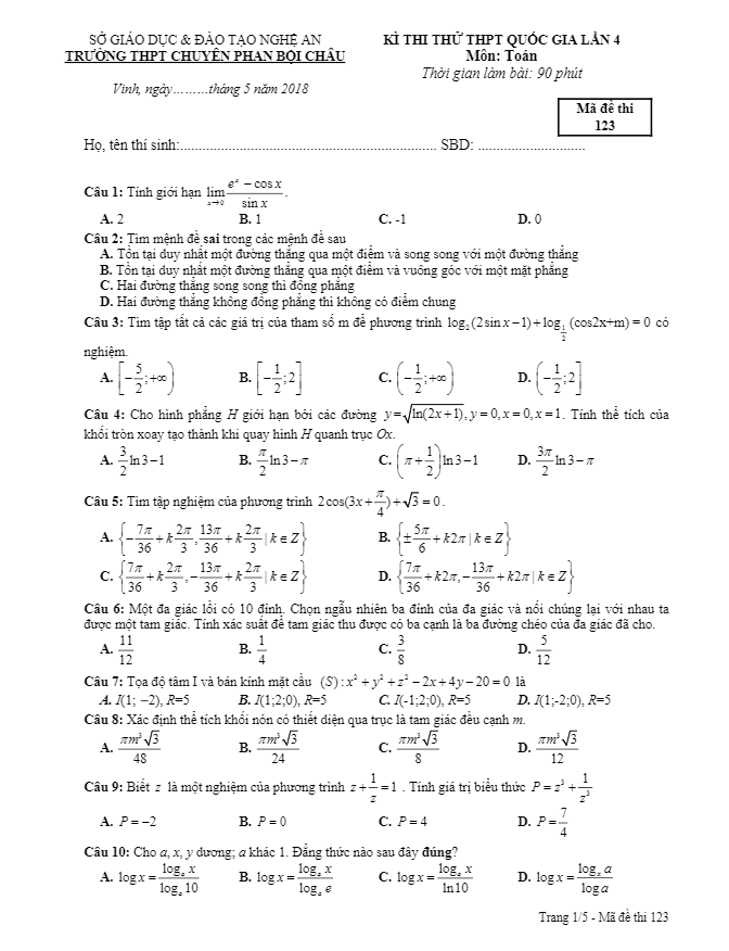 đề thi thử toán thptqg 2018 trường thpt chuyên phan bội châu – nghệ an lần 4