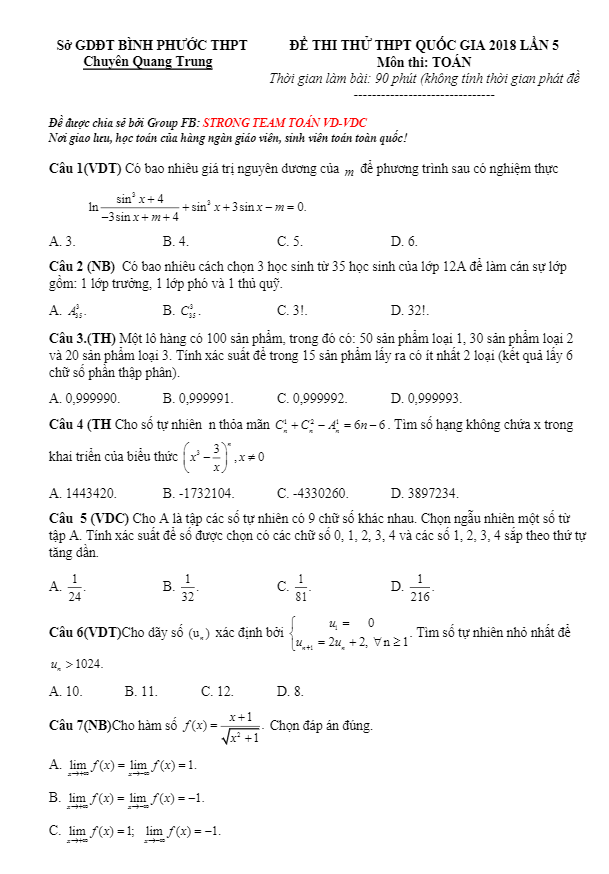 đề thi thử toán thptqg 2018 trường thpt chuyên quang trung – bình phước lần 5
