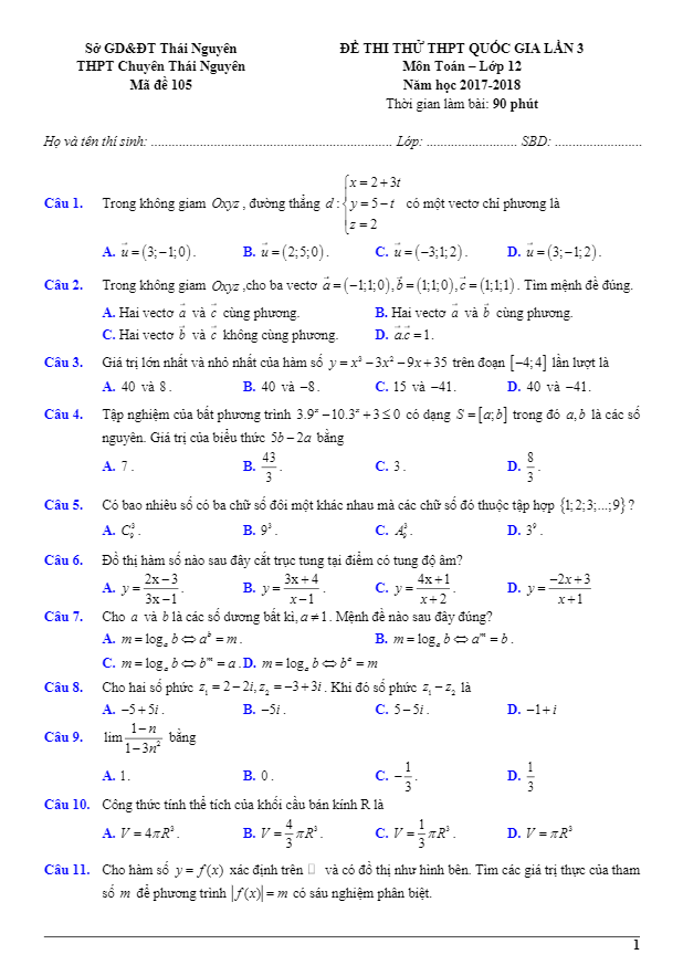 đề thi thử toán thptqg 2018 trường thpt chuyên thái nguyên lần 3