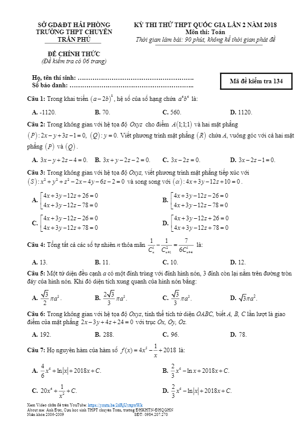 đề thi thử toán thptqg 2018 trường thpt chuyên trần phú – hải phòng lần 2