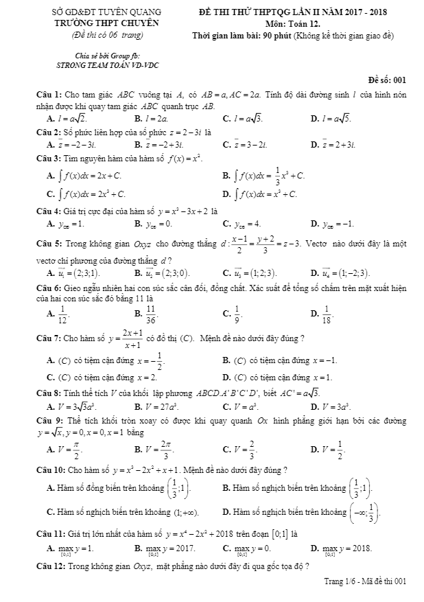 đề thi thử toán thptqg 2018 trường thpt chuyên tuyên quang lần 2