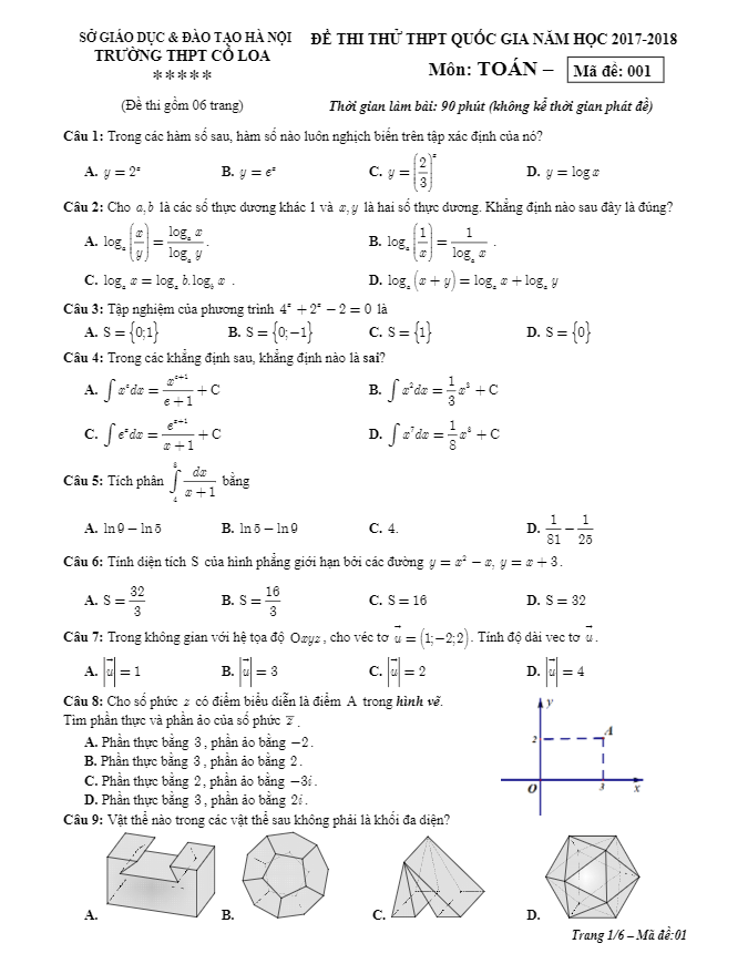 đề thi thử toán thptqg 2018 trường thpt cổ loa – hà nội lần 2