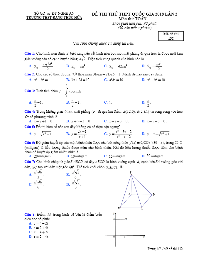 đề thi thử toán thptqg 2018 trường thpt đặng thúc hứa – nghệ an lần 2