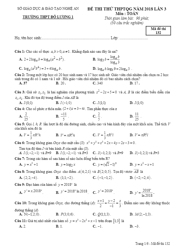 đề thi thử toán thptqg 2018 trường thpt đô lương 1 – nghệ an lần 3