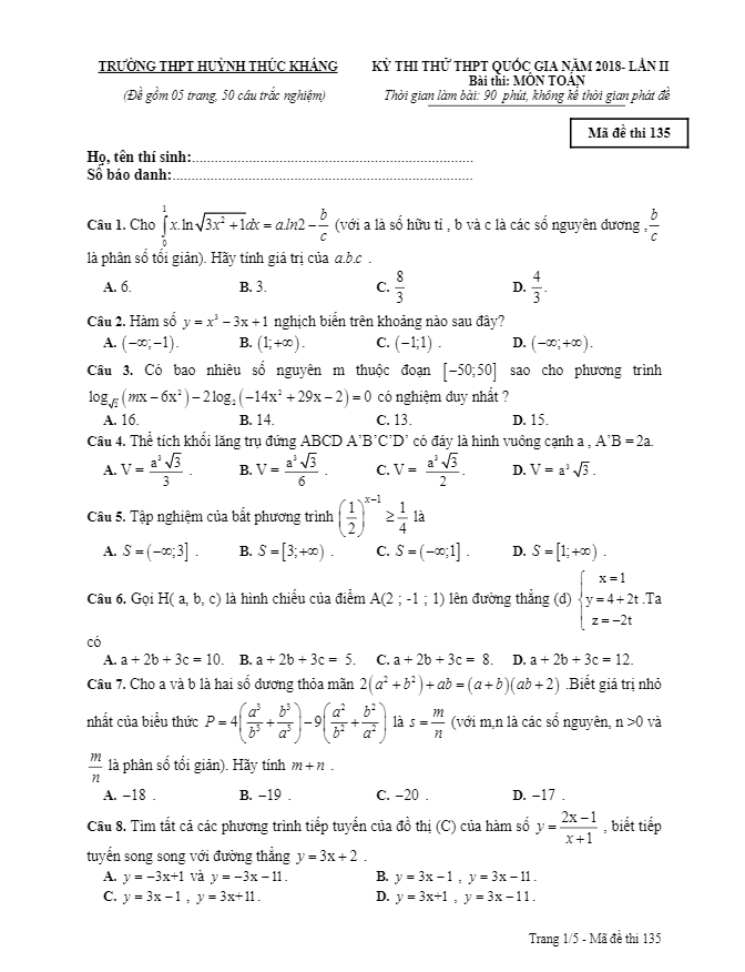 đề thi thử toán thptqg 2018 trường thpt huỳnh thúc kháng – khánh hòa lần 2