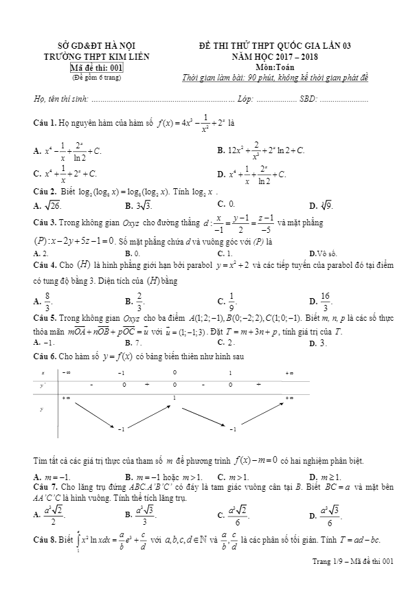 đề thi thử toán thptqg 2018 trường thpt kim liên – hà nội lần 3