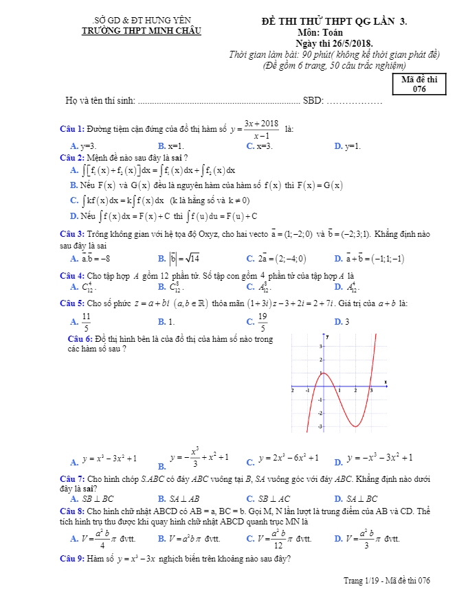 đề thi thử toán thptqg 2018 trường thpt minh châu – hưng yên lần 3