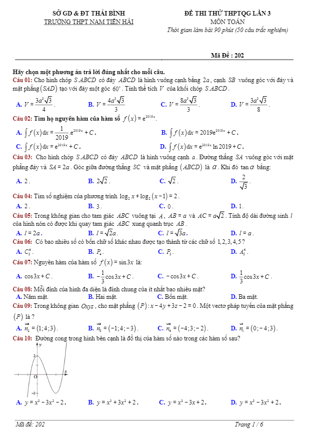 đề thi thử toán thptqg 2018 trường thpt nam tiền hải – thái bình lần 3