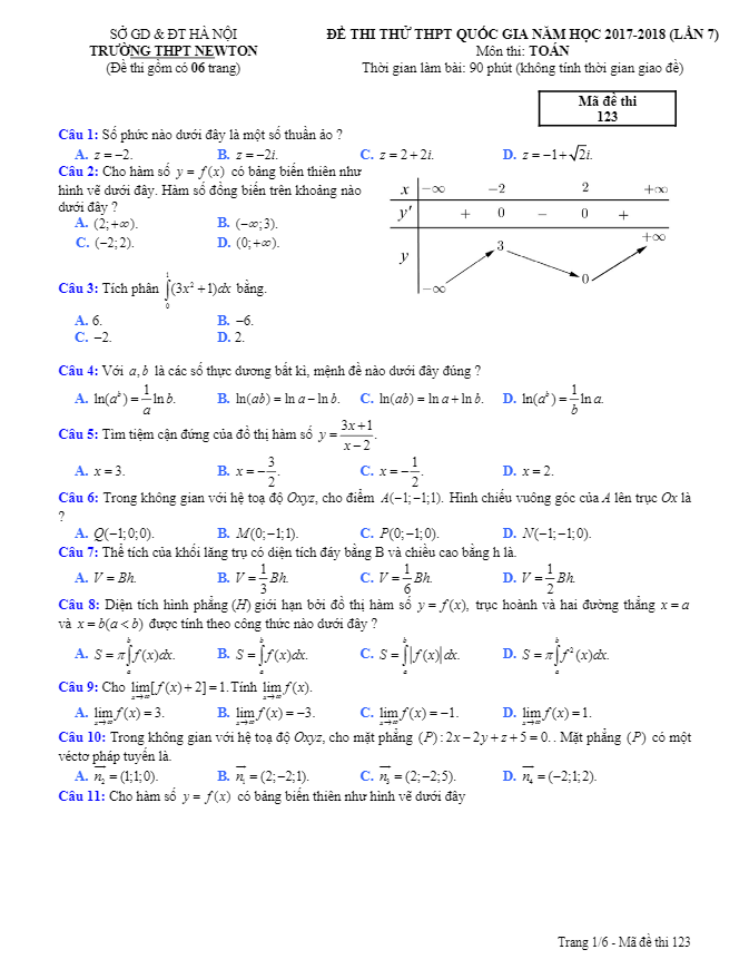 đề thi thử toán thptqg 2018 trường thpt newton – hà nội lần 7