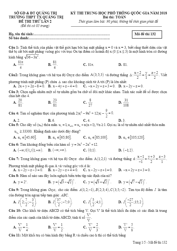 đề thi thử toán thptqg 2018 trường thpt thị xã quảng trị lần 2
