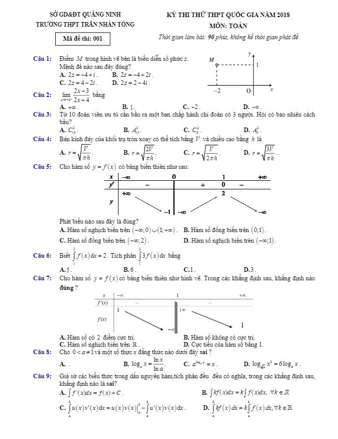đề thi thử toán thptqg 2018 trường thpt trần nhân tông – quảng ninh