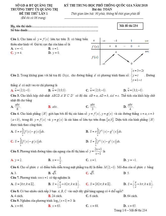 đề thi thử toán thptqg 2018 trường thpt tx quảng trị lần 1