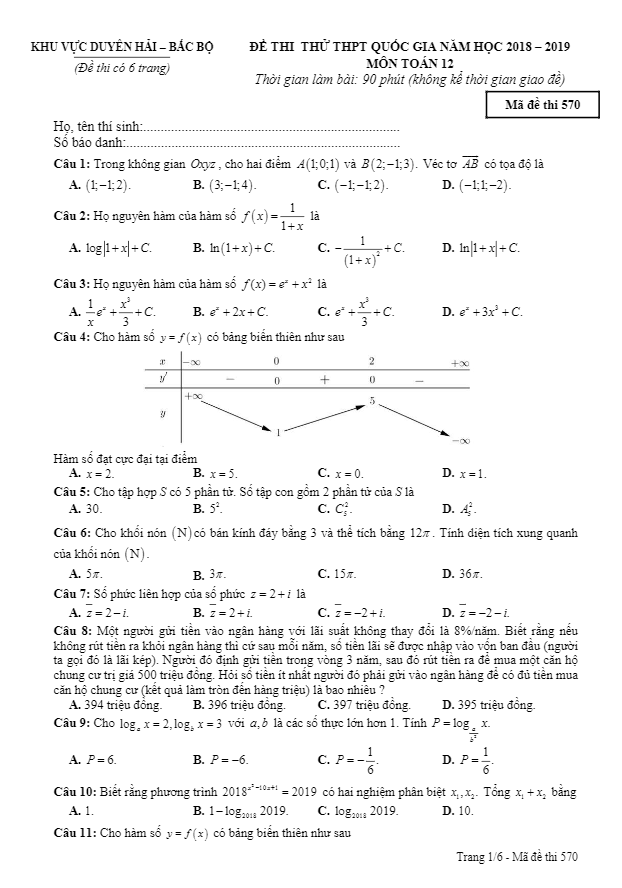 đề thi thử toán thptqg 2019 hội 8 trường chuyên đồng bằng sông hồng lần 2