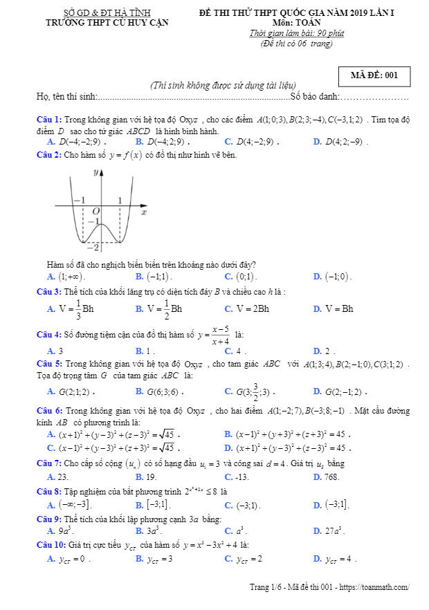 đề thi thử toán thptqg 2019 lần 1 trường cù huy cận – hà tĩnh