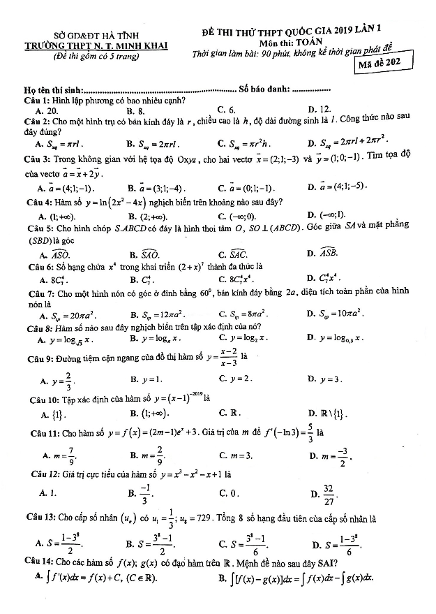 đề thi thử toán thptqg 2019 lần 1 trường nguyễn thị minh khai – hà tĩnh