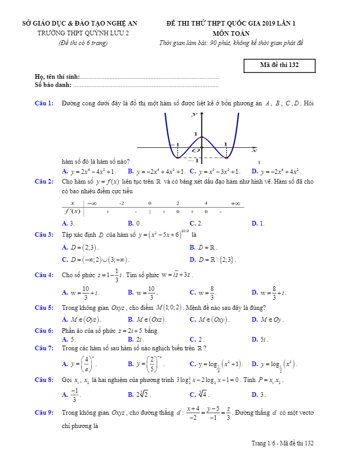 đề thi thử toán thptqg 2019 lần 1 trường quỳnh lưu 2 – nghệ an