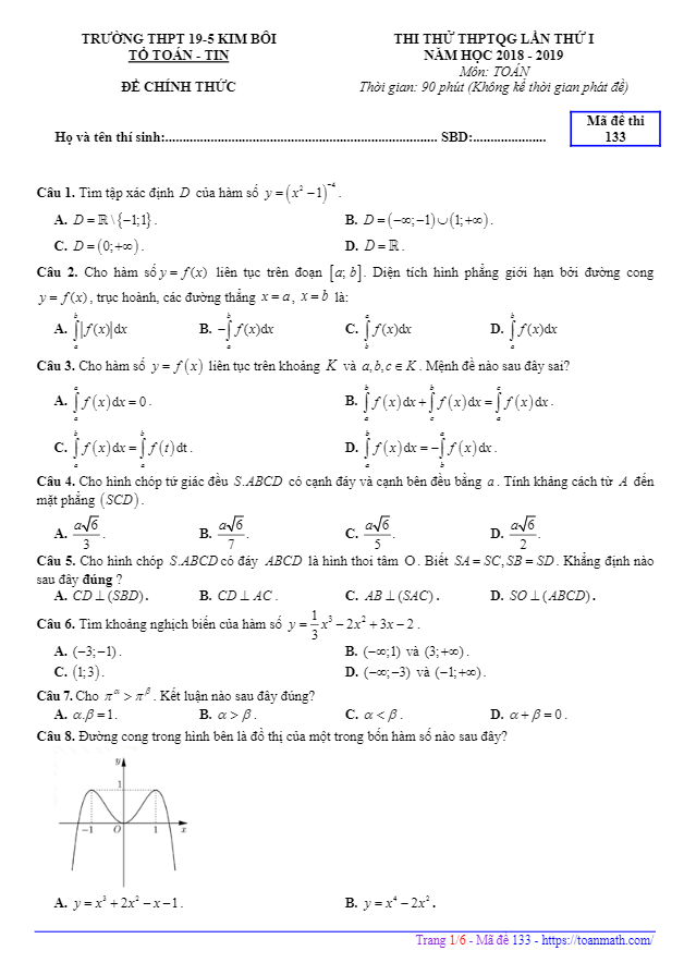đề thi thử toán thptqg 2019 lần 1 trường thpt 19-5 kim bôi – hòa bình