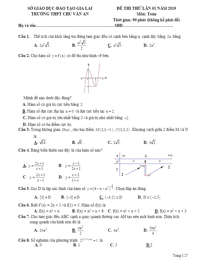 đề thi thử toán thptqg 2019 lần 1 trường thpt chu văn an – gia lai