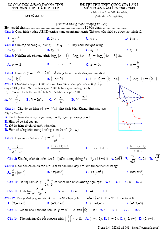 đề thi thử toán thptqg 2019 lần 1 trường thpt hà huy tập – hà tĩnh