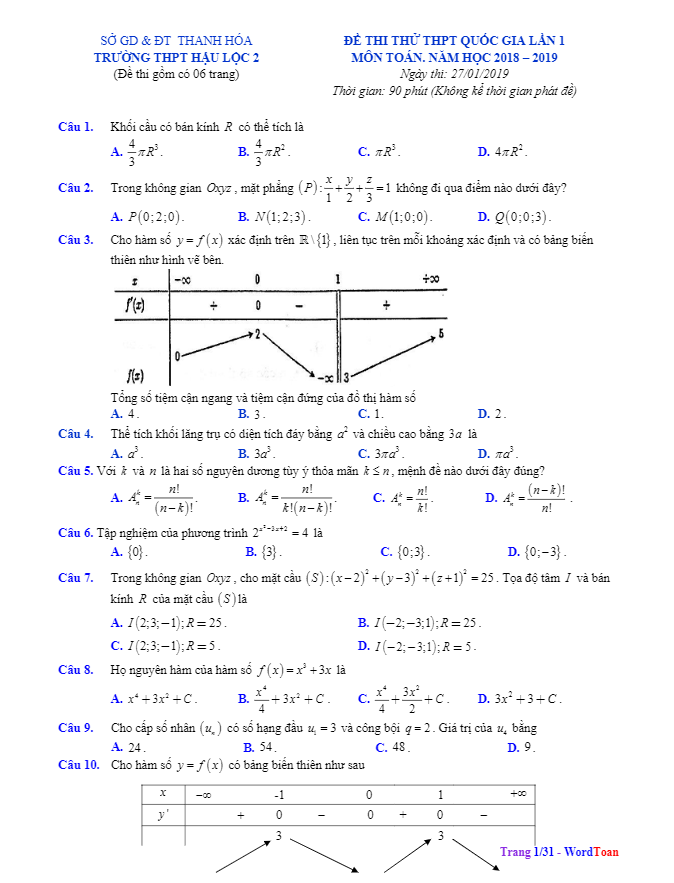 đề thi thử toán thptqg 2019 lần 1 trường thpt hậu lộc 2 – thanh hóa