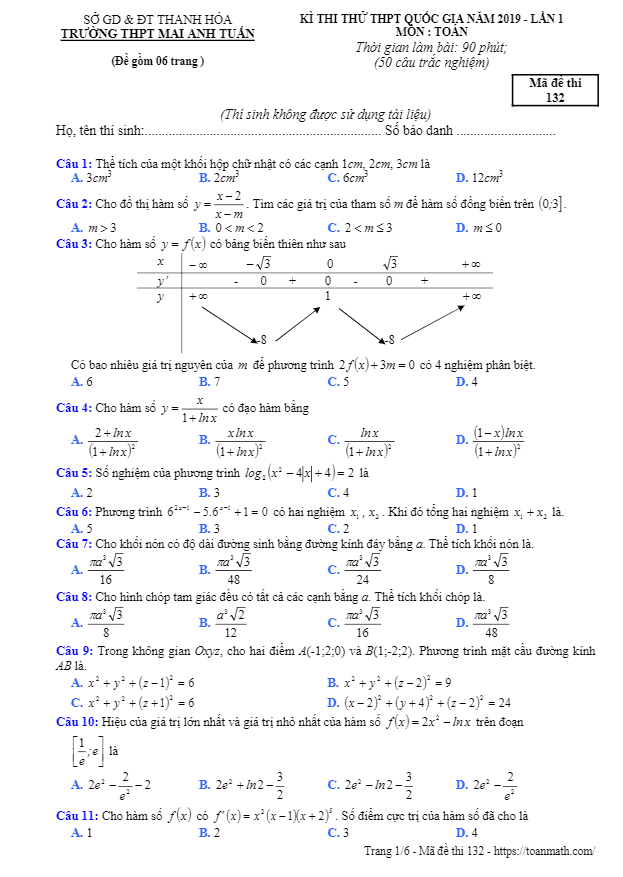 đề thi thử toán thptqg 2019 lần 1 trường thpt mai anh tuấn – thanh hóa