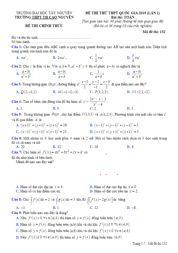 đề thi thử toán thptqg 2019 lần 1 trường thpt th cao nguyên – đắk lắk