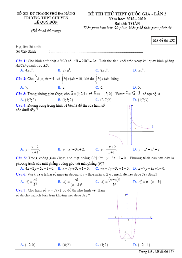 đề thi thử toán thptqg 2019 lần 2 trường chuyên lê quý đôn – đà nẵng