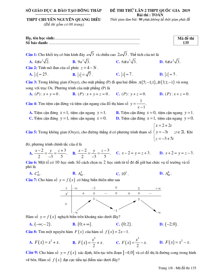 đề thi thử toán thptqg 2019 lần 2 trường chuyên nguyễn quang diêu – đồng tháp