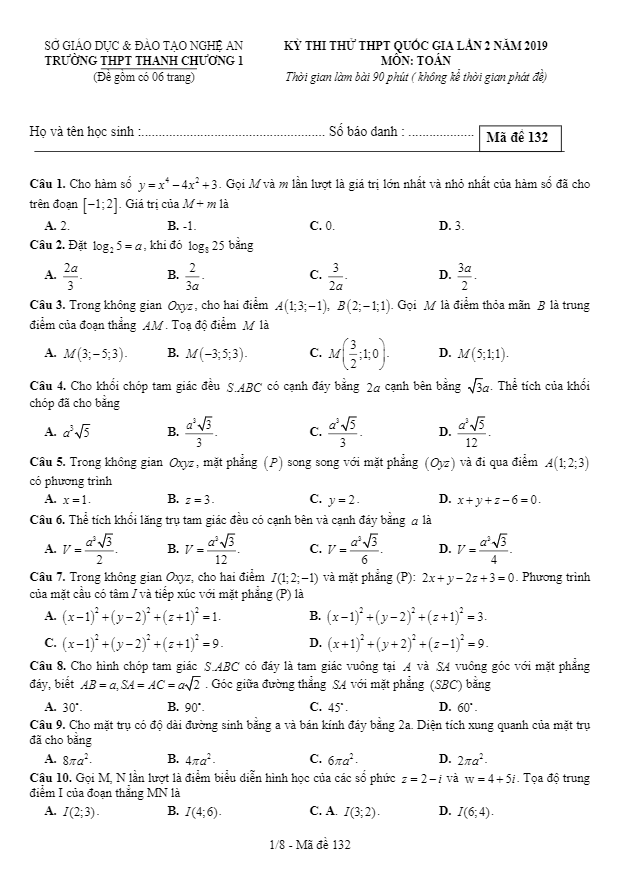 đề thi thử toán thptqg 2019 lần 2 trường thanh chương 1 – nghệ an