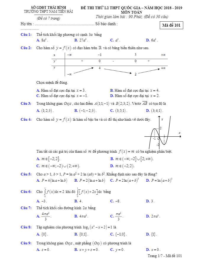 đề thi thử toán thptqg 2019 lần 2 trường thpt nam tiền hải – thái bình