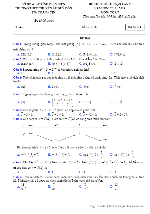 đề thi thử toán thptqg 2019 lần 3 trường chuyên lê quý đôn – điện biên