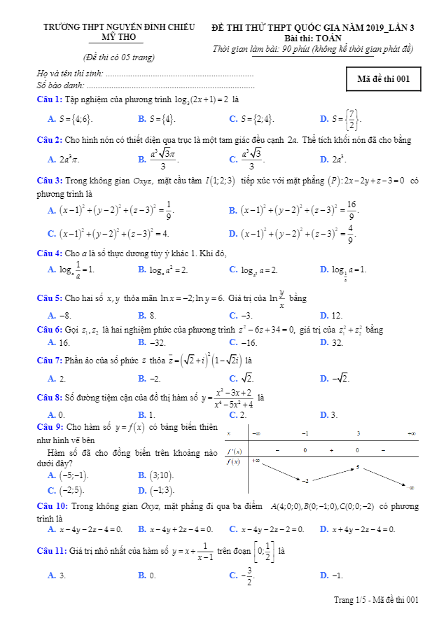 đề thi thử toán thptqg 2019 lần 3 trường nguyễn đình chiểu – tiền giang