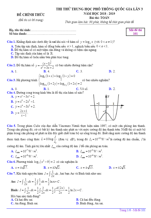 đề thi thử toán thptqg 2019 trường chuyên hạ long – quảng ninh lần 3