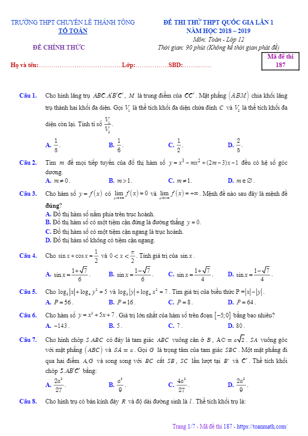 đề thi thử toán thptqg 2019 trường chuyên lê thánh tông – quảng nam lần 1