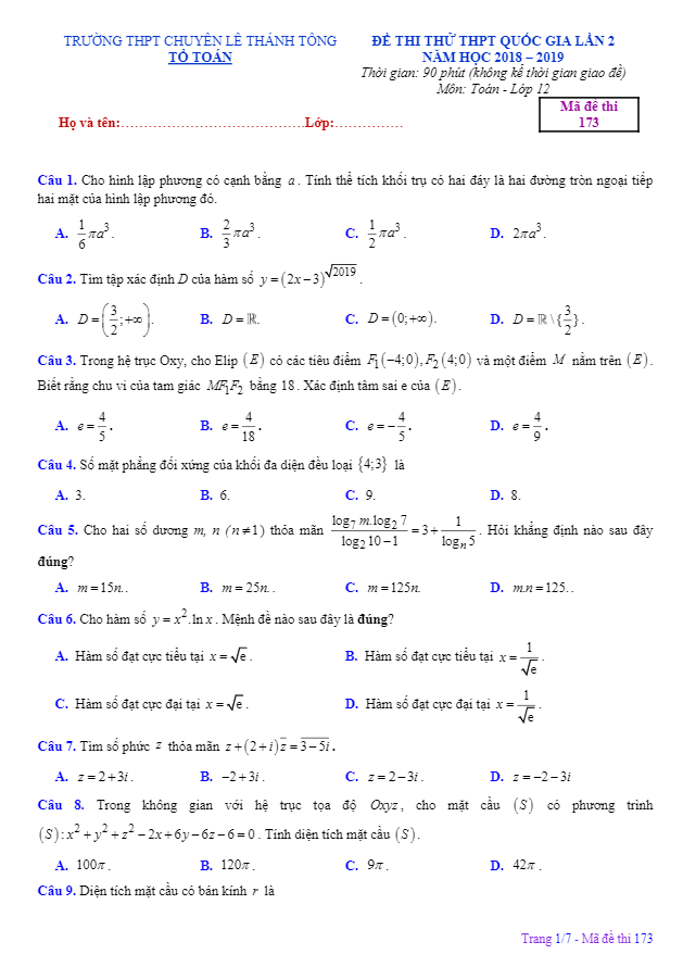 đề thi thử toán thptqg 2019 trường chuyên lê thánh tông – quảng nam lần 2