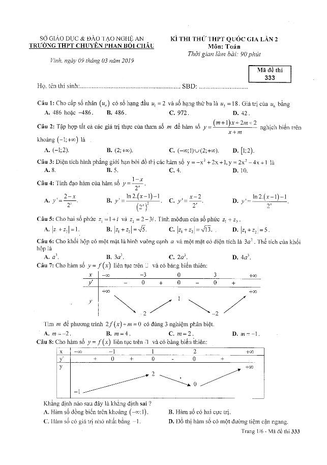 đề thi thử toán thptqg 2019 trường chuyên phan bội châu – nghệ an lần 2