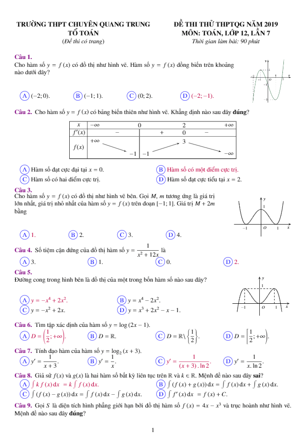 đề thi thử toán thptqg 2019 trường chuyên quang trung – bình phước lần 7