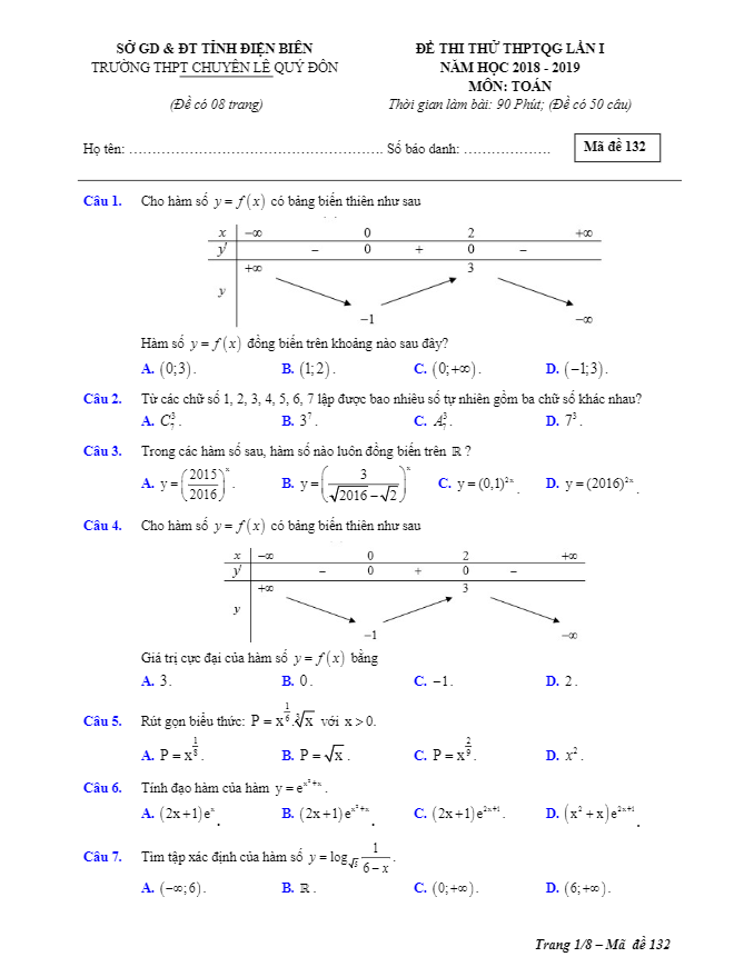 đề thi thử toán thptqg 2019 trường thpt chuyên lê quý đôn – điện biên lần 1