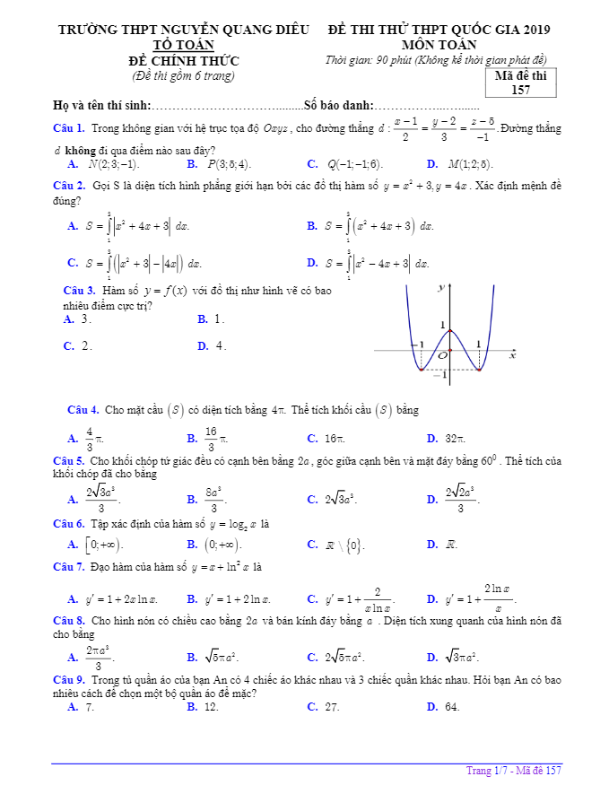 đề thi thử toán thptqg 2019 trường thpt nguyễn quang diêu – an giang