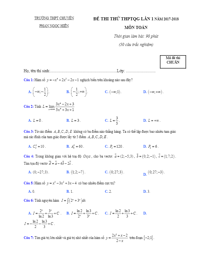 đề thi thử toán thptqg lần 1 năm 2017 – 2018 trường chuyên phan ngọc hiển – cà mau