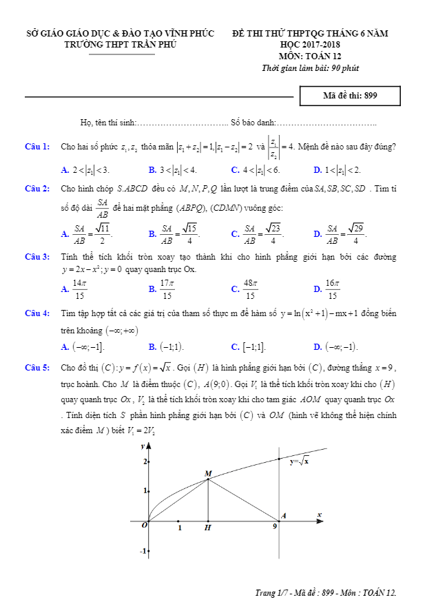 đề thi thử toán thptqg tháng 6/2018 trường thpt trần phú – vĩnh phúc