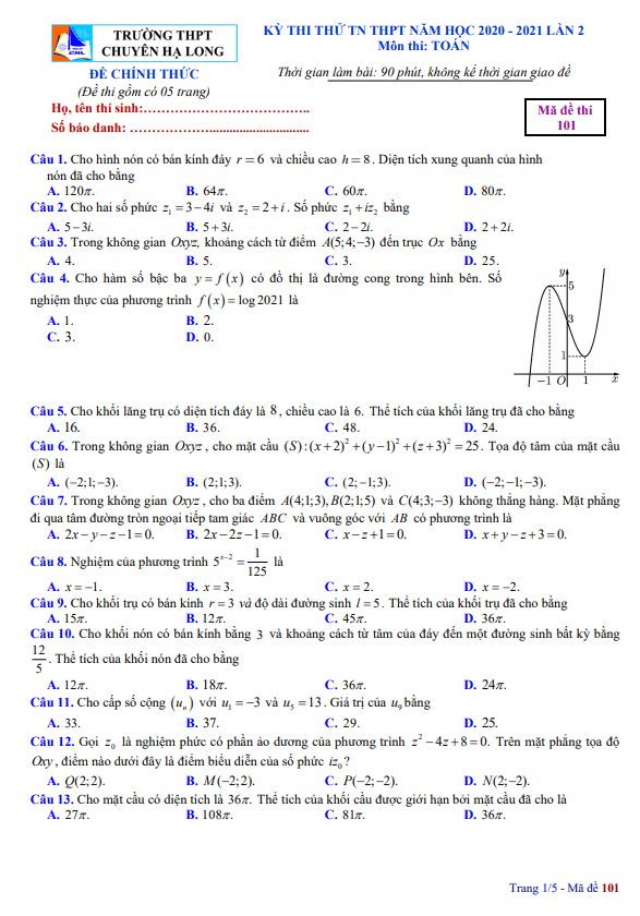 đề thi thử toán tn thpt 2021 lần 2 trường chuyên hạ long – quảng ninh